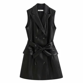 

2020 Spring Women's New Lapel Sleeveless Double-Breasted Buttoned Pocket Vest with Belt Faux Leather Vest Dress