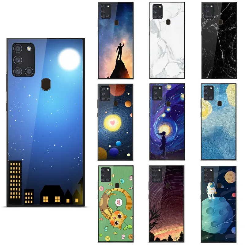 

Case For Samsung A91 A70S A21 A21S A01 A11 A41 A70E TPU Frame Painted pattern Smooth Mirror Tempered glass shockproof Back Cover