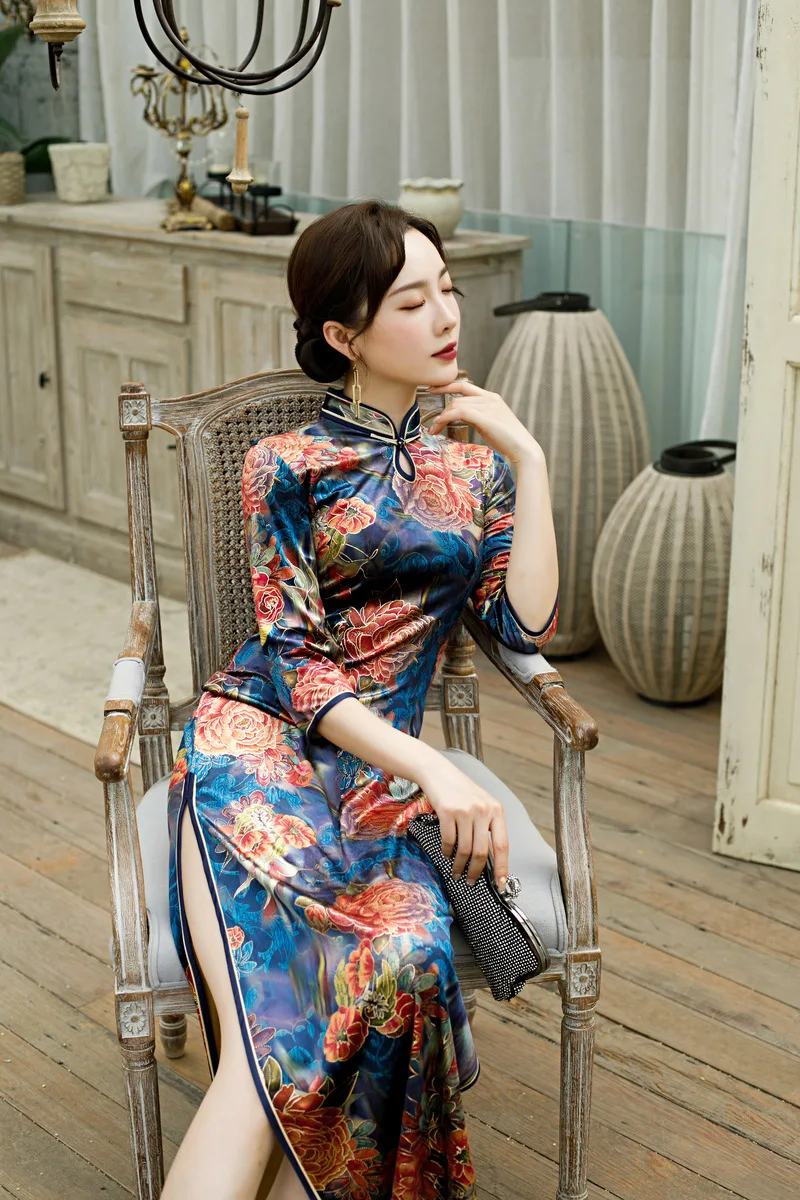 Новинка, традиционное китайское платье Cheongsam Mori Girl, бархатное платье Qipao, женское тонкое платье в восточном стиле, элегантные вечерние платья - Цвет: 289
