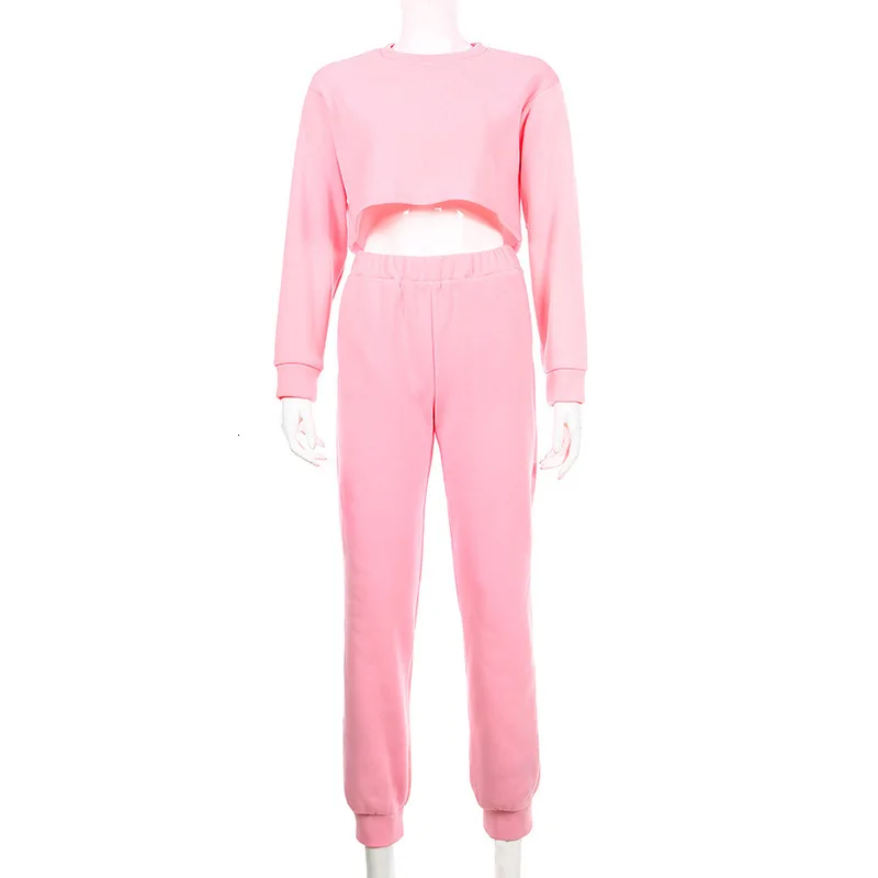 Женский розовый спортивный костюм, флисовый теплый укороченный топ, штаны, подходящий костюм, Модный зимний Повседневный женский свитер с длинными рукавами, комплект из 2 предметов