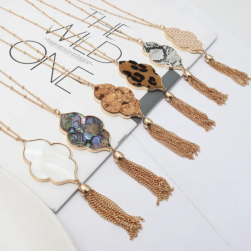 

Fashion Flower Hexagon Abalone shell Leopard Pendant Necklace Tassels Long Chain Sweater Necklace Geometric Jewelry