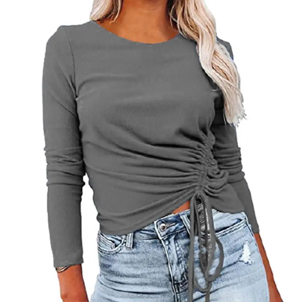 

Autumn Casual Tops Women Solid Color T-shirt Long Sleeve Top Autumn Shirring O Neck Tunic Tops T-Shirts Streetwear 4XL