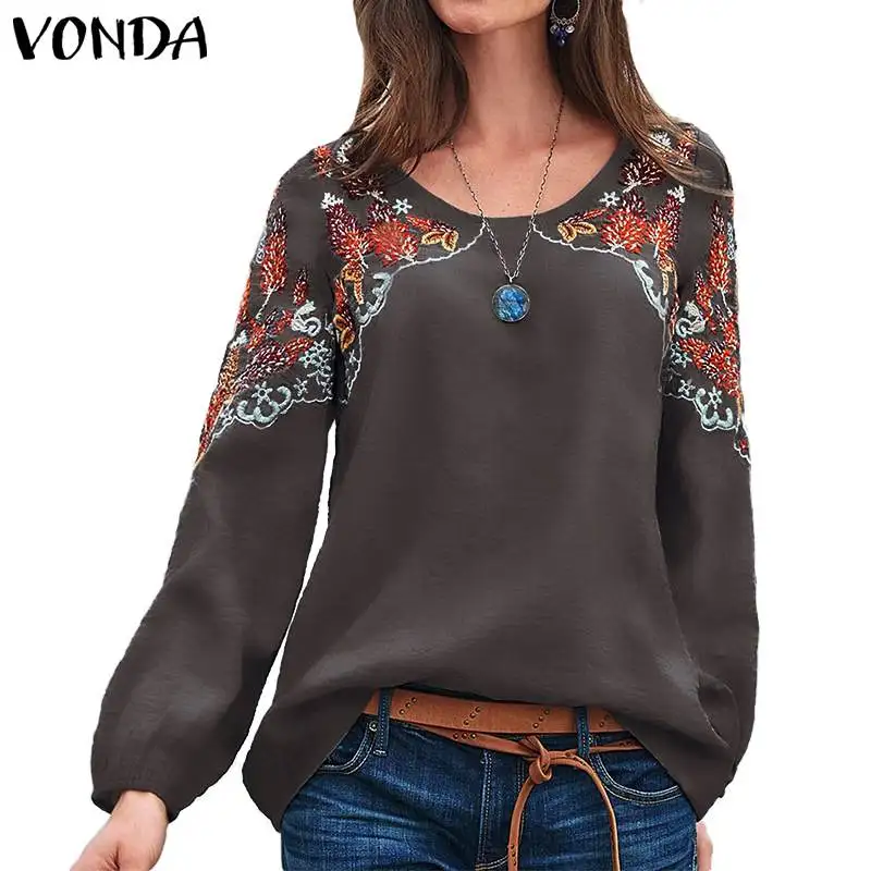 VONDA/осенние блузки для женщин, повседневные, с круглым вырезом, винтажные, с принтом, с длинным рукавом, вечерние, Femme, весенние топы, негабаритные, богемные блузы