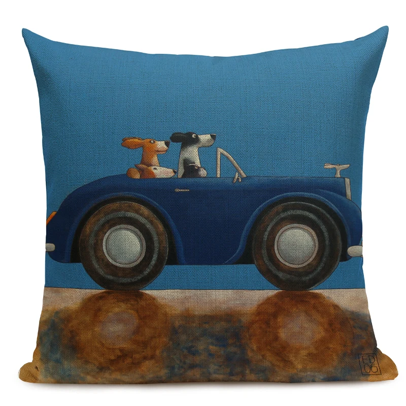 Hot Sale Pillow Lovely Cartoon Dog Cat Color Driving Car Vintage Almofadas 45X45CM Linen Pillow Decorative Linen Cushion Cover