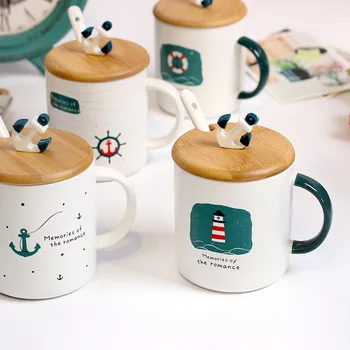 

Korean 3D Three-dimensional Nautical with Lid with Spoon Water Cup Mediterranean Creative Mug Coffee Milk Student Ceramic Cup