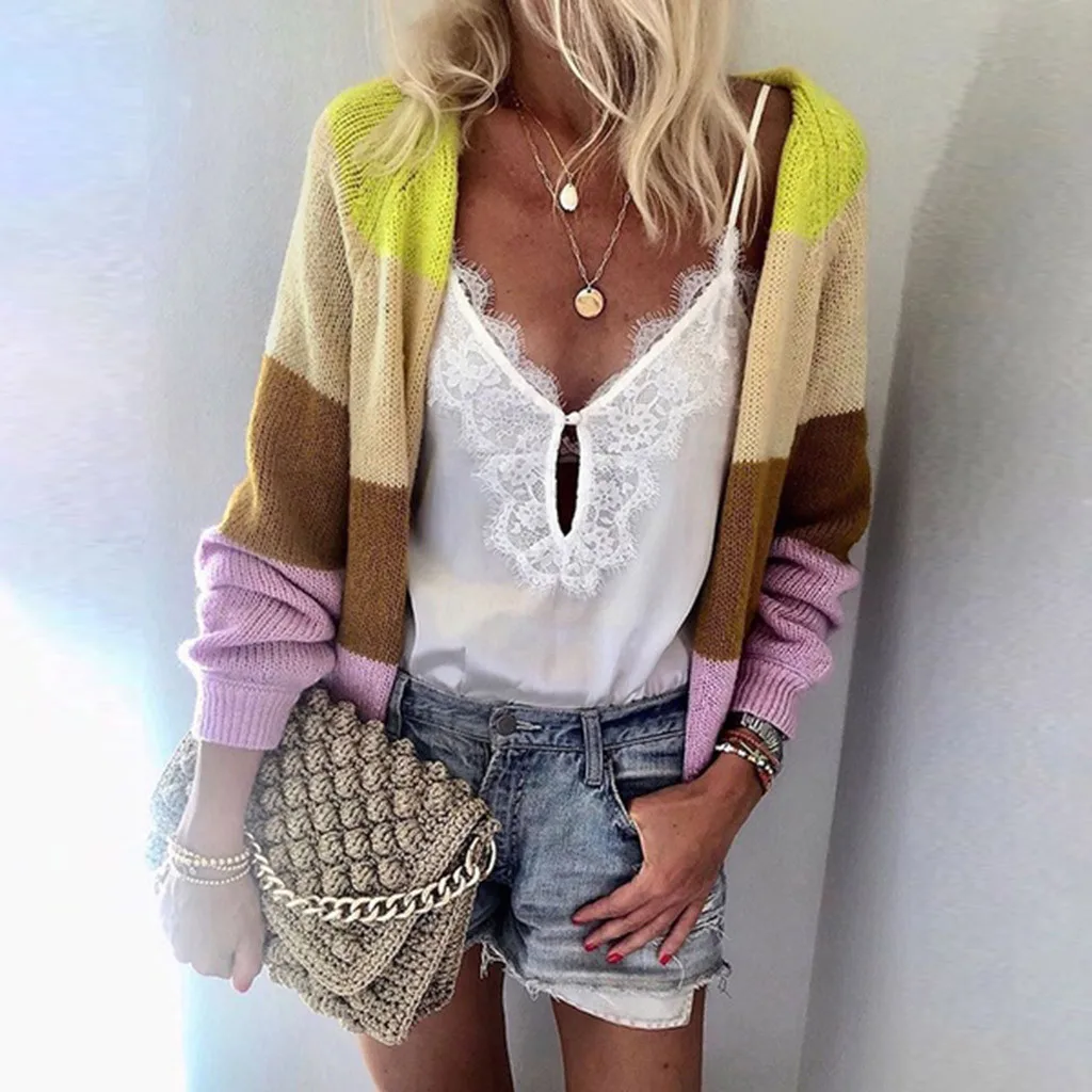 

Autumn Sweater Women Long Sleeve Patchwork Knit Open Front Rainbow Stripe Cardigan Women Coat sueter mujer invierno dropshipping