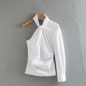 

new women one shoulde asymmetric white Shirt blouses women hang on neck side zipper roupas slim femininas chemise shirts LS6471