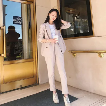 

Women's suit 2019 autumn new casual temperament Slim solid color double-breasted small suit trousers two-piece set
