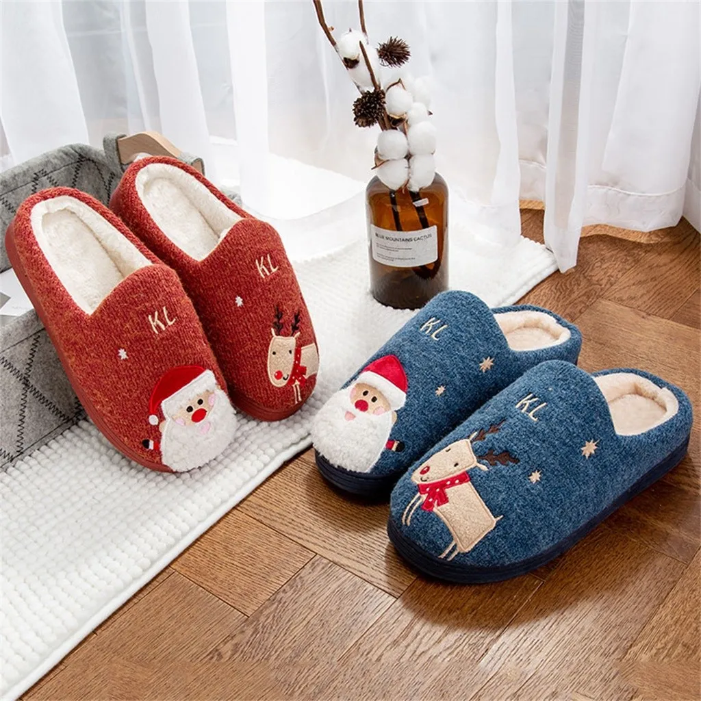 Мужская Рождественская обувь на плоской платформе с теплым бархатом; домашняя обувь с милым Санта-Клаусом и оленем; зимние тапочки для пары; домашняя обувь