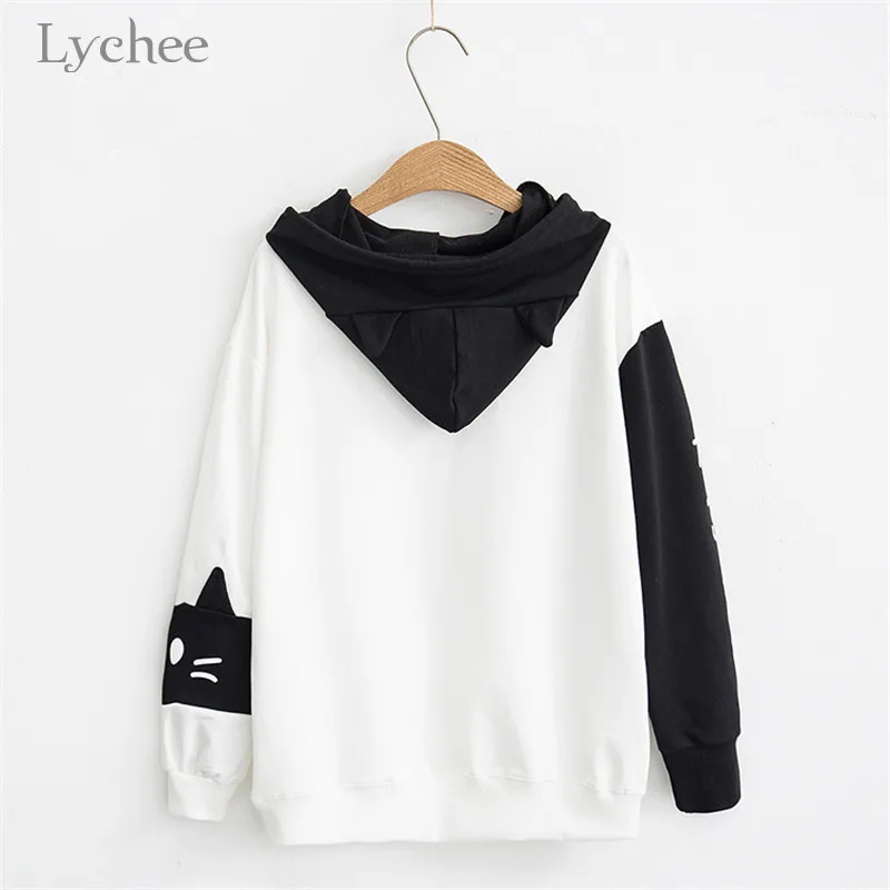 Lychee, Harajuku, с вышитыми буквами, лоскутные женские толстовки с капюшоном, хлопковые милые женские пуловеры, весна-осень, женские топы