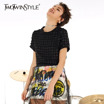 

TWOTWINSTYLE Elegant Ruffles Appliques T Shirt Women Patchwork O Neck Short Sleeve T-Shirts Female 2020 Casual Clothing Fashion