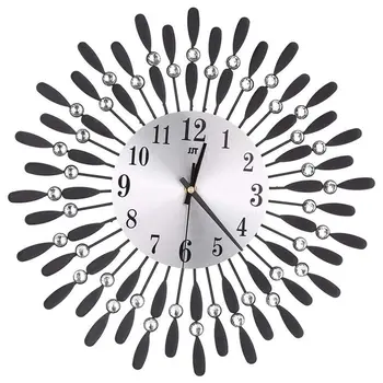 

15 inch 3D Large Wall Clock Shiny Rhinestone Sun Style Modern Living Room Decor (Black)
