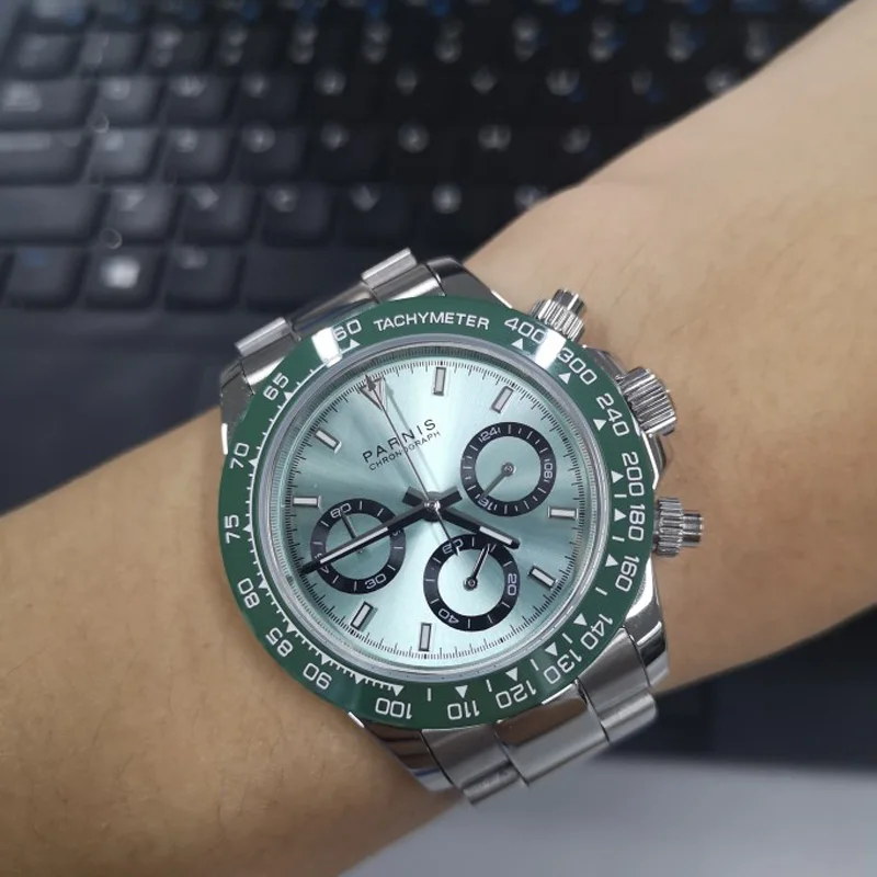 Новое поступление Parnis 39 мм кварцевые мужские часы с хронографом зеленый ободок белый циферблат сапфировое стекло светящиеся мужские наручные часы