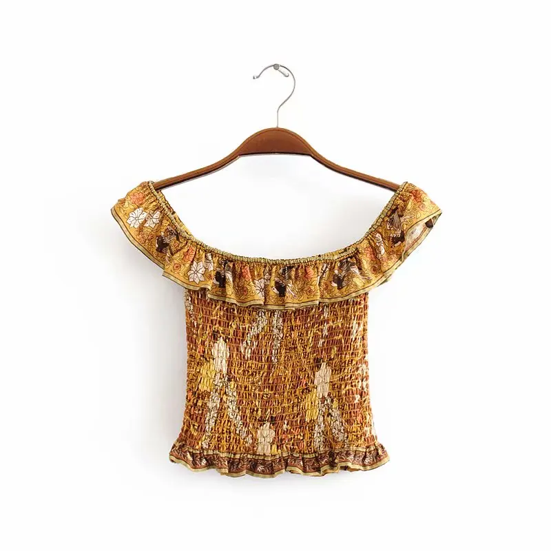 Everkaki, женские топы, Boho, цветочный принт, блузка, рубашки, оборки, летние, эластичные, повседневные, для девушек, короткий топ, шикарные блузки для женщин, новинка