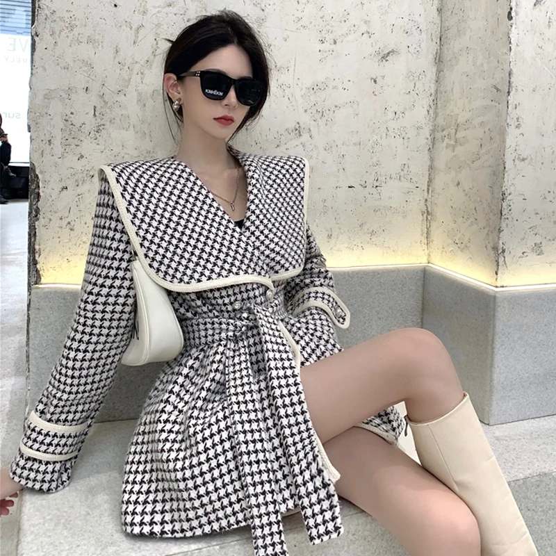 

Autumn Winter Jacket Women Houndstooth wool coat Navy collar Thick Mid-length high quality Elegant Fashion Woolen Coat Female