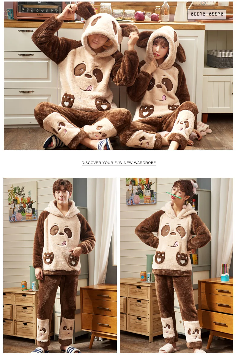 Couple Pyjamas Women Mens Flannel Velvet Warm Autumn Winter Pajamas Animal Cartoon Cute Home Service Sexy Soft Nightwear