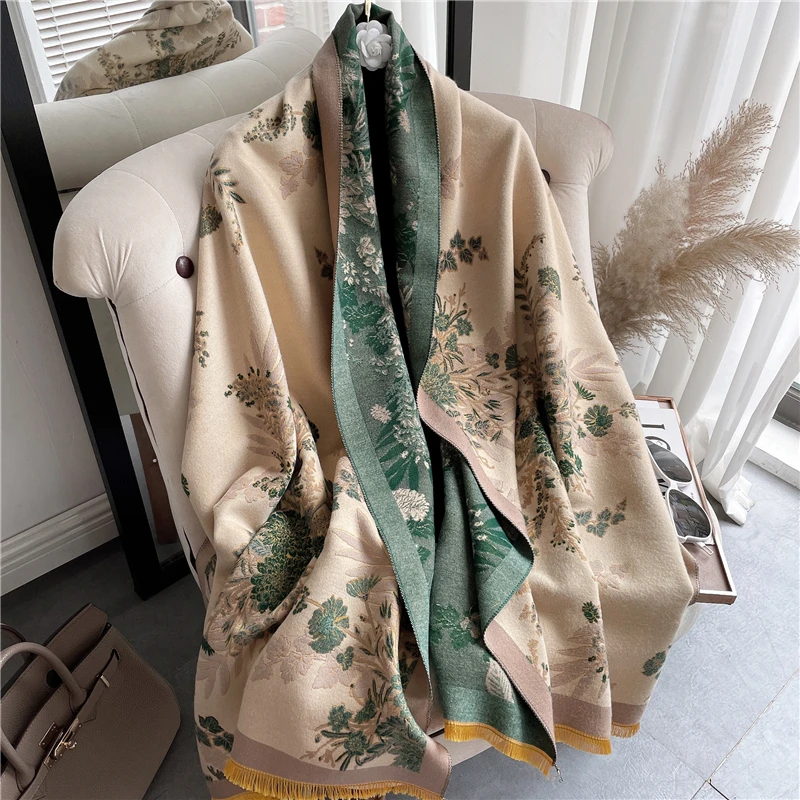 Dicker, warmer Winterschal aus Kaschmir für Damen, geometrischer Druck, Pashmina-Poncho, Schal mit Quaste, lässiger Bufanda_voghion.com