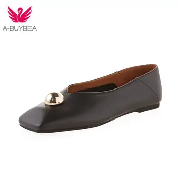 

2020 New Spring Women's Flats Genuine Leather Square Toe Women Shoes Plus size 43 Metal Decoration Slip-on Casual Daily Shoes