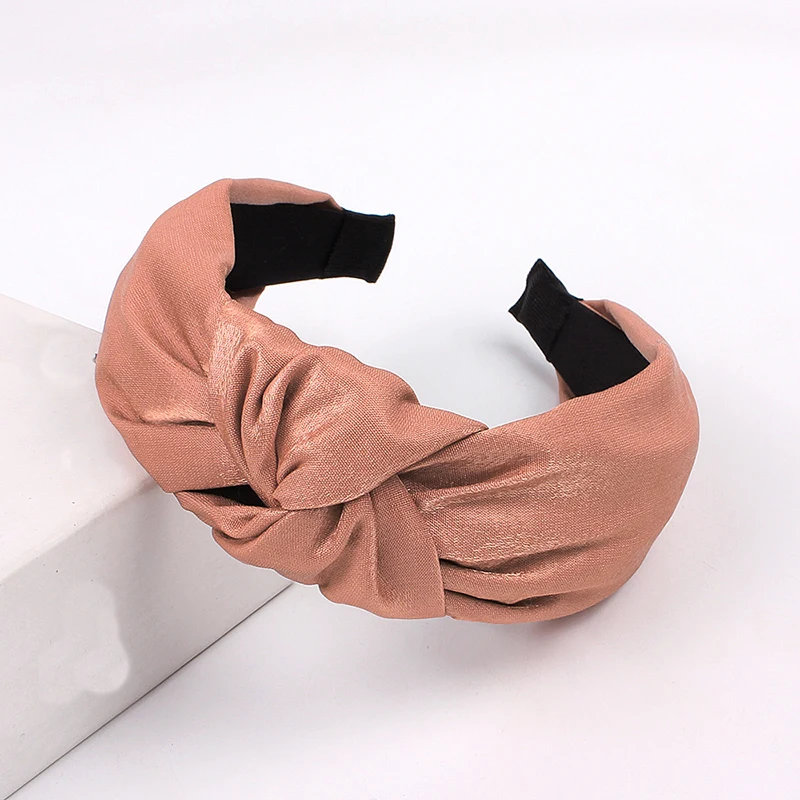 Light Brown 1Pcs Bright Color Satin Cross Knotted Wide Headband For Women Korean Soft Hairband Head Hoop Turban Girls Cute Hair Accessories - Color: Light Brown