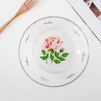 

Glass Plate Floral Diner Plate Brand New Deep Salad Bowl Ins Glass Bowl Dessrt Snacks Dish