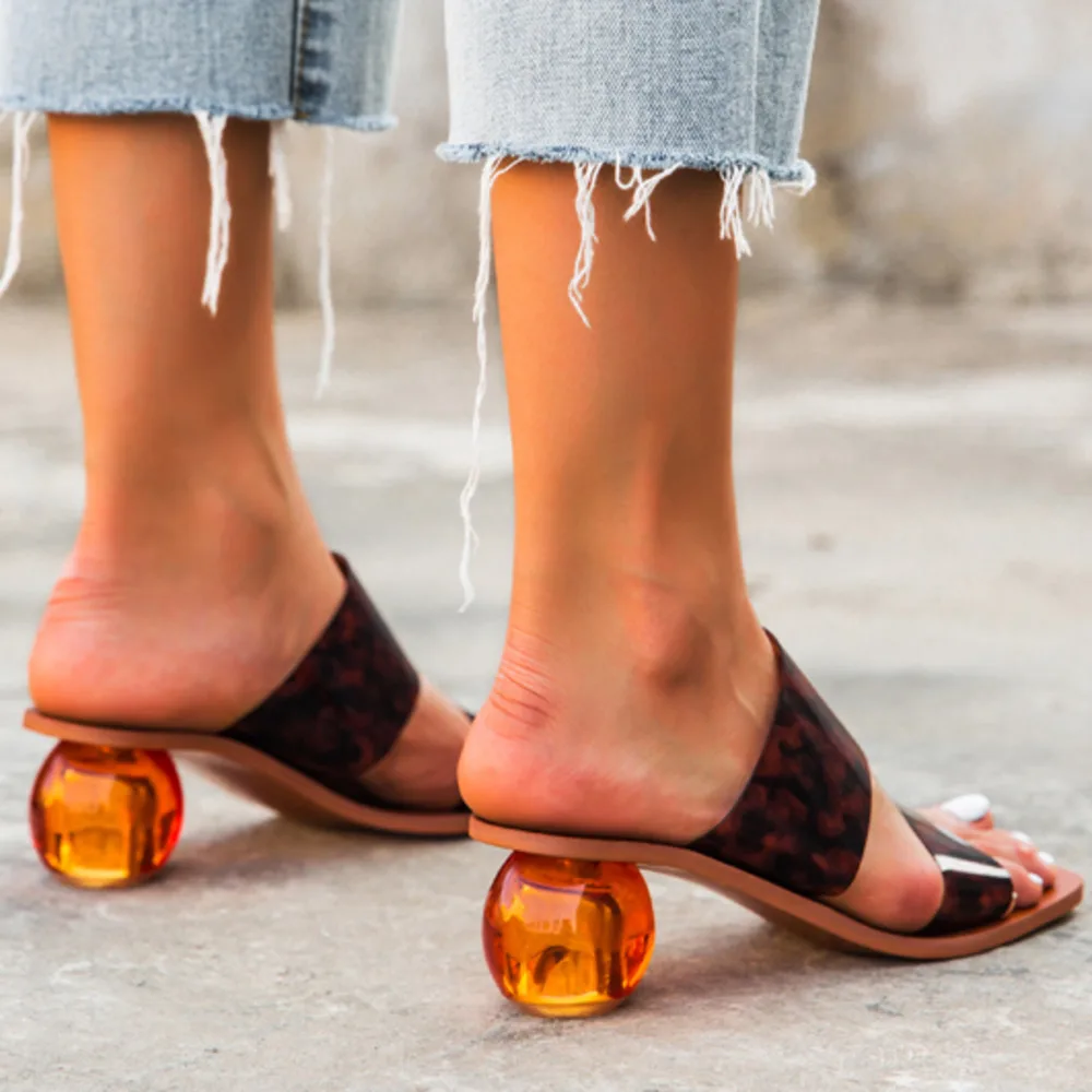 

PVC Summer Clear Square Toe Ladies Shoes Transparent Crystal Round Ball Heel Slippers Women Leopard Grain Jelly Sandals