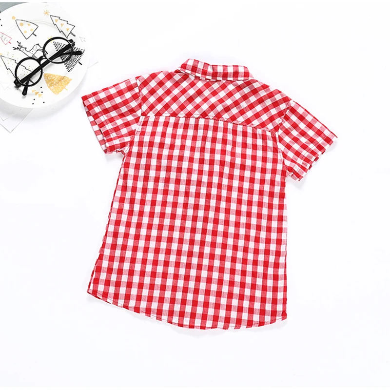 Cute Kids Boys Short Sleeve Casual Blouse Summer Plaid Cartoon Printed Tops Tees Shirts
