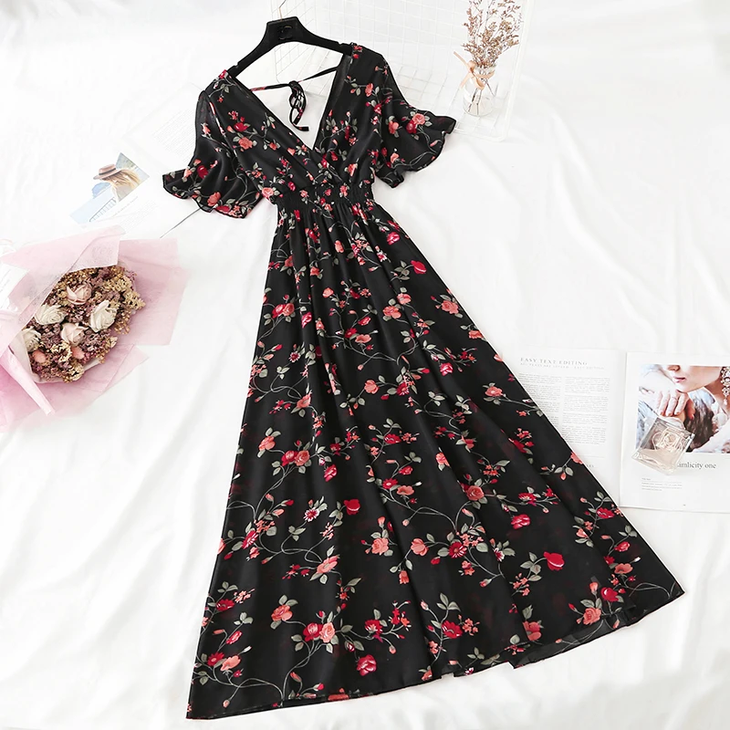 2022 Summer Women Ruffled Short-sleeved Chiffon Dress V-neck High Waist Floral Print Beach Midi Dresses Backless Sexy Vestidos