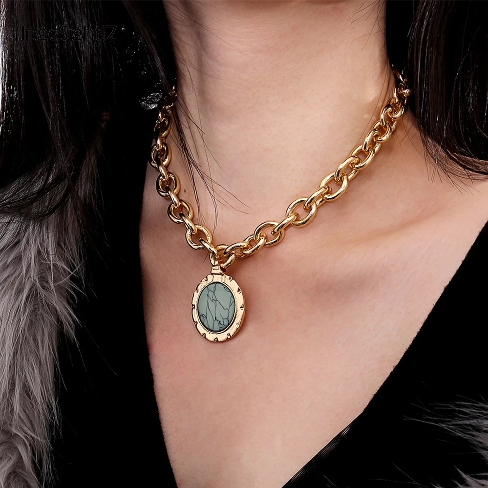 Pendant Necklace Long-Chain Women Jewelry Green-Stone Statement Gold-Color Vintage Gifts