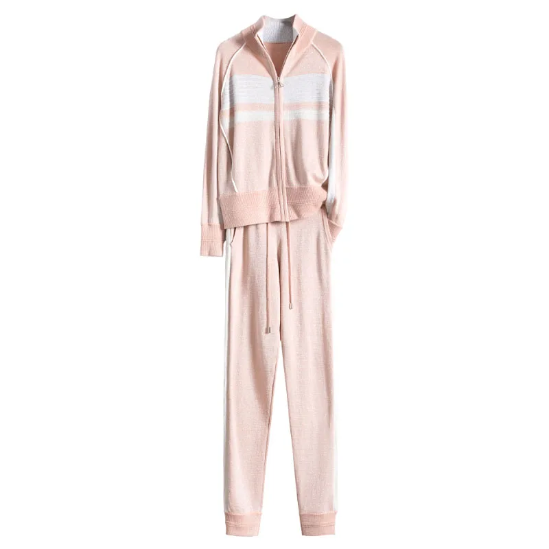 Розовый Осенний ограниченный по времени полный шерстяной костюм женский модный вязаный свитер с длинными рукавами и брюки для ног повседневные женские из двух частей - Цвет: Розовый