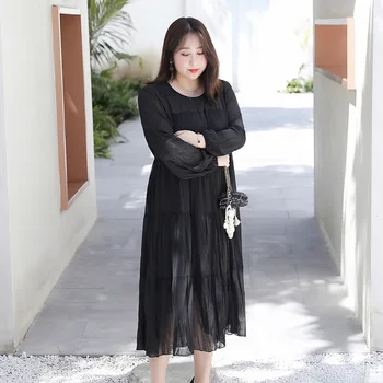 

Women's Spring Solid Color Chiffon Lace Bow Dress Plus Size Calf Casual Dress 100kg Can Wear