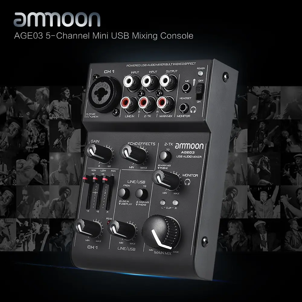 Ammoon AGE03 5 канальный мини микрофон линейный микширование консольный микшер с USB