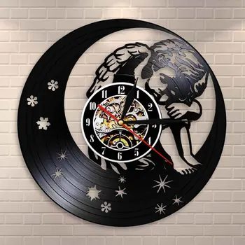 

Angel on the Moon Wall Art Modern Wall Clock Kid Room Baby Angel Fairy Crescent Moon Home Decor Vintage Vinyl Record Wall Clock