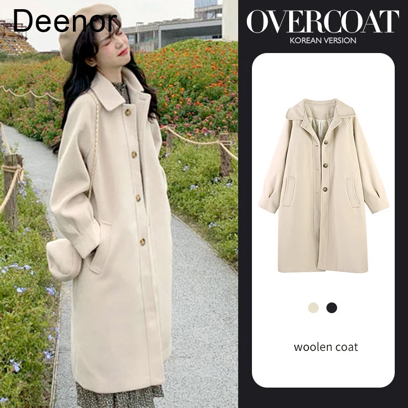 

Deenor 2021 Autumn Winter Women's Coat Fashion Slim Soild Woman Windbreaker Medium Long Black Woolen Coats Jacket Women Winter