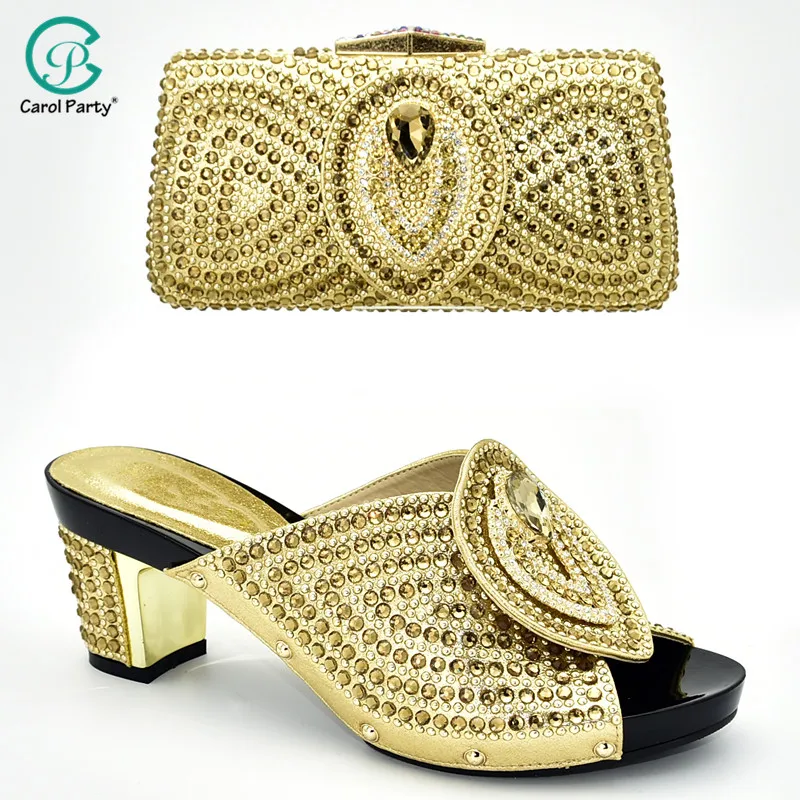 

Lastest High Quality Nigerian Shoes With Matching Bags Set Italian design Women's Party Shoes and Bag Sets in Gold Color