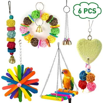 

Interesting 6Pcs Parrot Toy Bird Toy Funny Assorted Bite Resistant Bird Cage Toy Set Swing Hanging Bridge Molar Stone