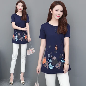 

Summer loose-fitting T-shirt female Korean large size was thin mother loaded cotton printed bottoming shirt B318