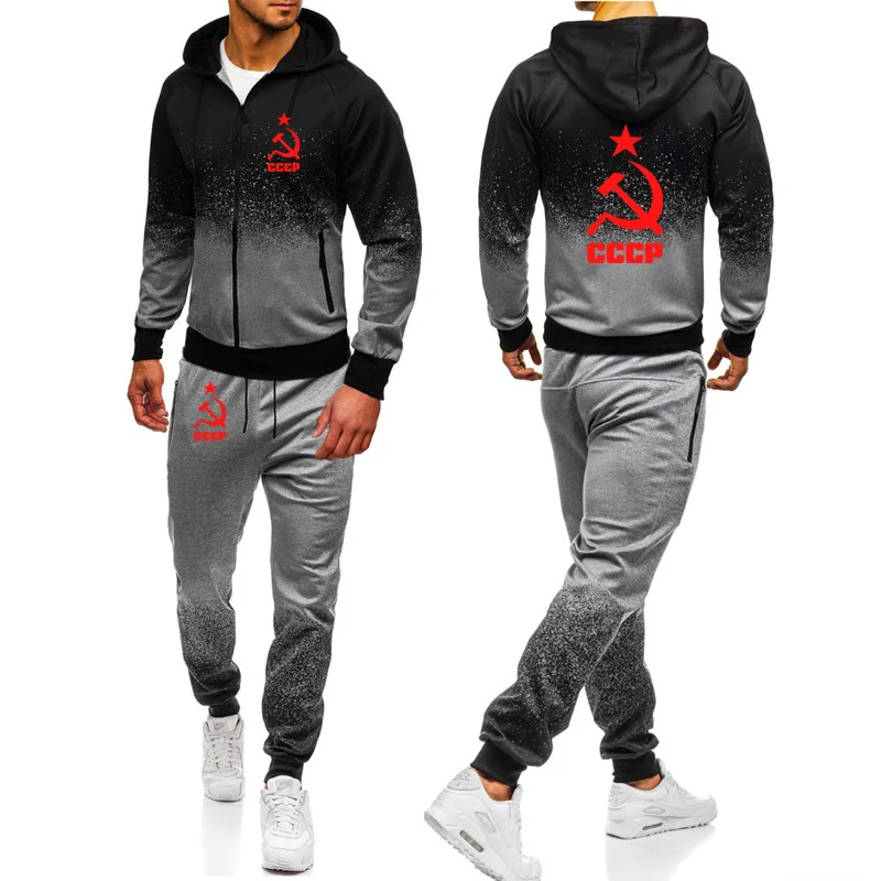 

Winter Autumn warm Tracksuit Men Hoodie sweatshirt jacket sweatpants suit Unique CCCP Russian USSR Soviet Union Print sportwear