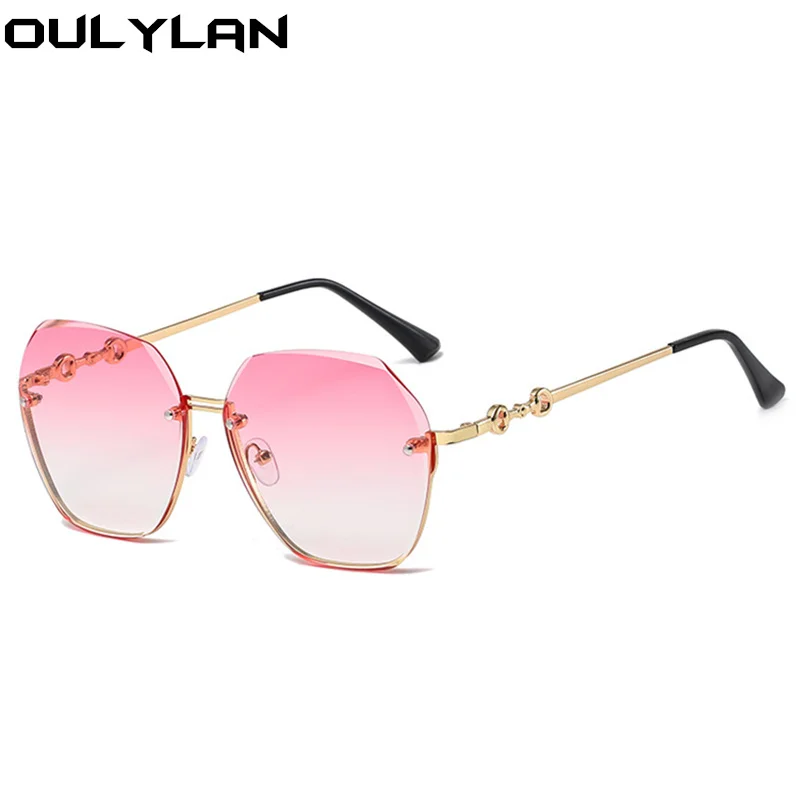 Oulylan Trimming Rimless Sunglasses Women Fashion Irregular Gradient Pink Sun Glasses Ladies Oversized Shades Eyewear UV400
 2