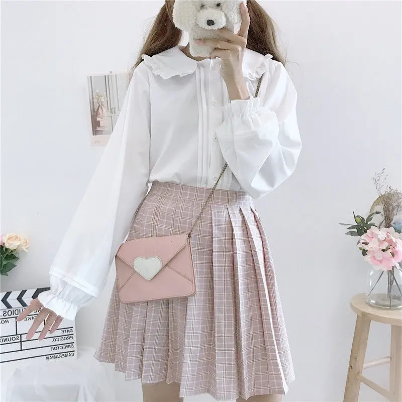 Fashion Peter Pan Collar Lolita Blouse Kawaii Long Sleeve White Shirt Lantern Sleeve Top Teen Preppy Style School Girl Party