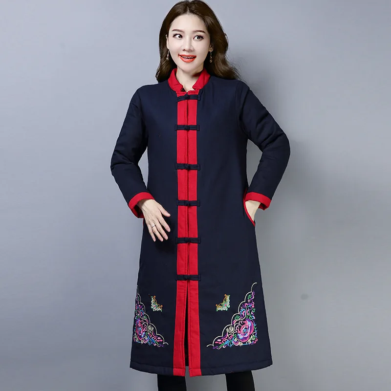 

2018 National Wind Winter Chinese-style Cotton Linen Embroidered Thick Stand Collar Large Size Long Cotton-padded Jacket