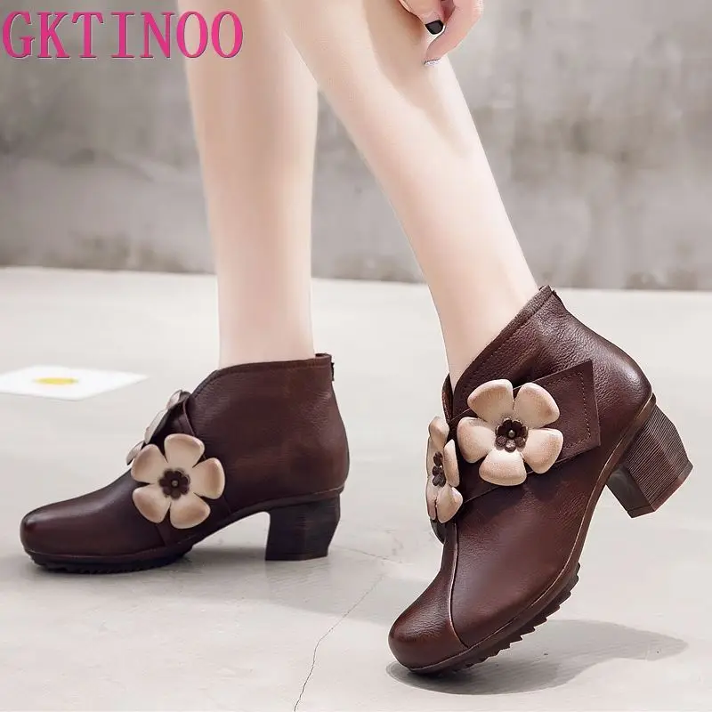 

GKTINOO Genuine Leather Winter Boots Women Shoes Woman Vintage Floral Ankle Boots For Women Flower High Heels Zipper Botas Mujer