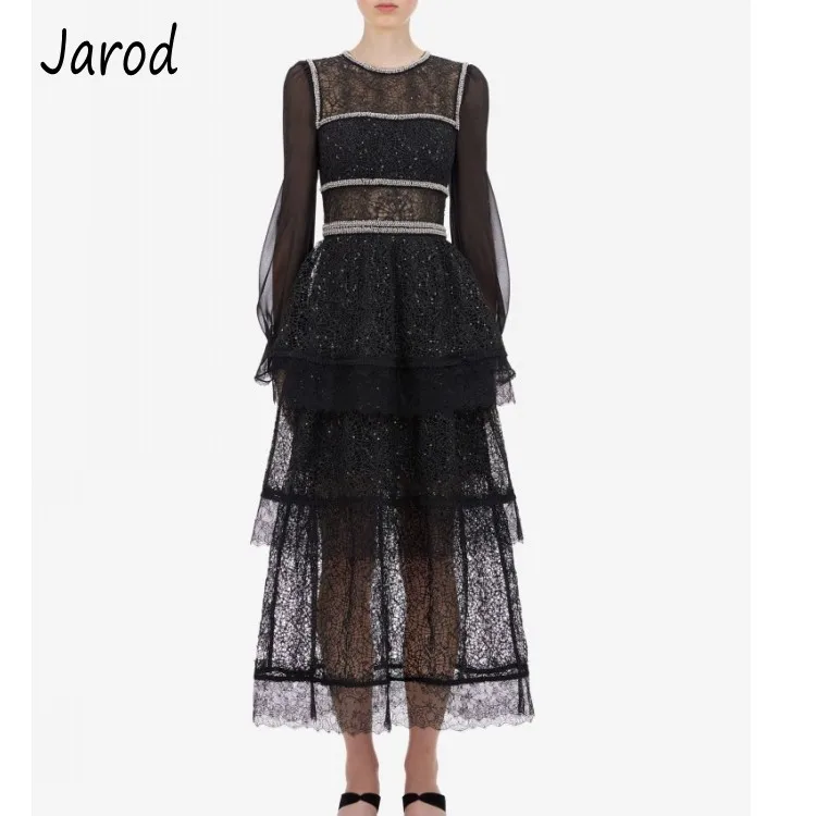 

Self Portrait Dress 2019 Autumn Women Elegant O-Neck Long Sleeve Ruffles Pleated Long Dress Black Hollow Out Lace Dress Female