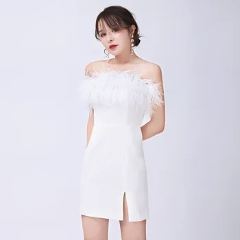 

[EWQ] 2020 Spring Summer New Arrivals High Waist Sleeveless Feather Women Sexy Solid Backless Wrapped Chest Dress AW17900S