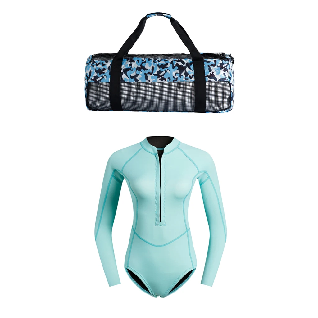 Shorty Wetsuit 2MM Neoprene Front Zip Winter Swimwear Diving Suit Blue for Women with One Dive Equipment Bag