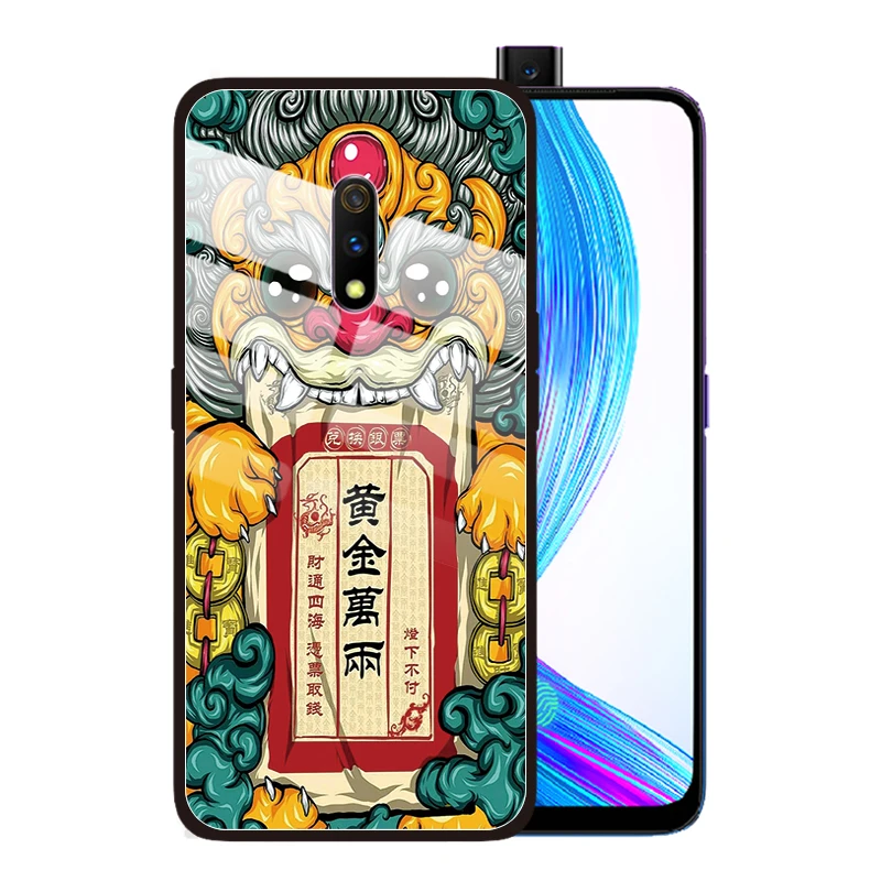 

Chinese Style God Ghost Tempered Glass Case Case for OPPO Realme Q 5 Pro XT X2 X Lite 3 Pro F11 F7 F5 F9 Find X Cover