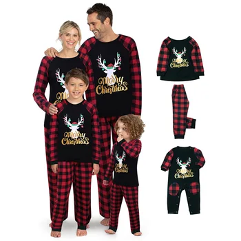

Family Christmas Pajamas 2020 Fawn Plaid Printed Suit Christmas Fall Winter Homewear Pajamas Parent-child Wear Kerst Pyjama