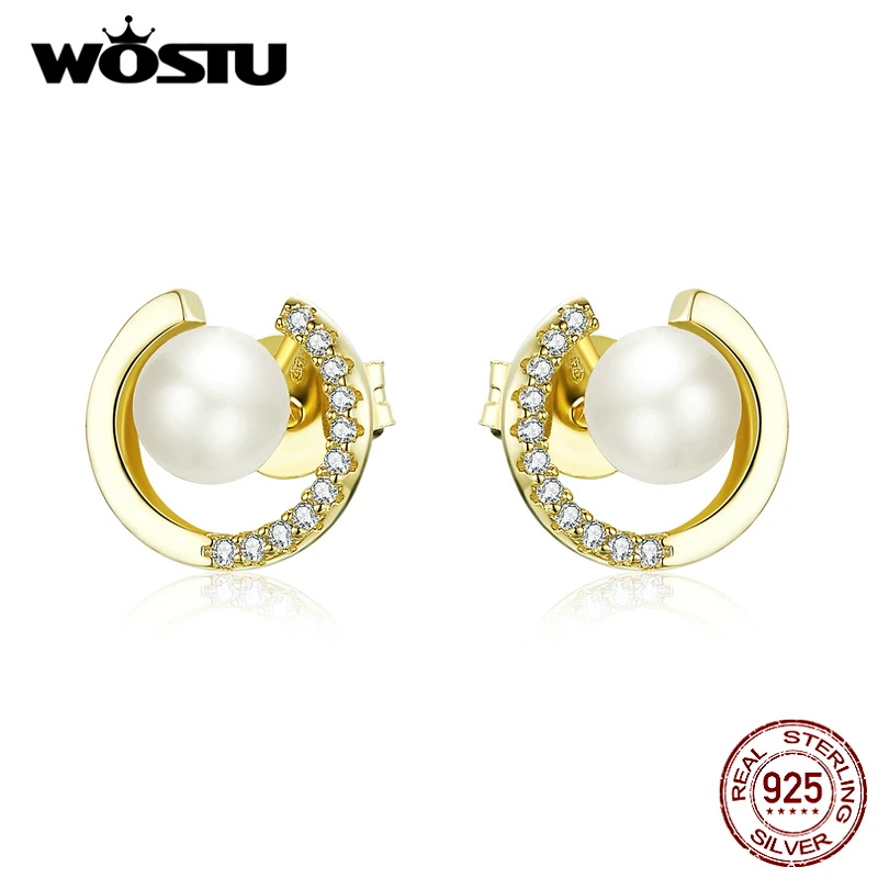 

WOSTU Authentic 925 Sterling Silver Gold Color Earrings With Pearl Unique & Personality Circle Zircon Earrings For Women FIE802