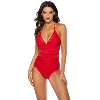 

Women's Summer Swimsuit High Waist Sexy Bandage Solid Color Mesh Detail Sling One-Piece Swimsuit