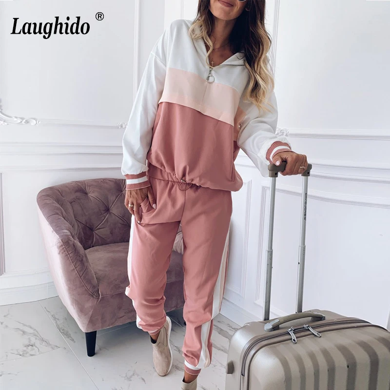 

Laughido Autumn Winter Women Tracksuit Casual Hooded And Loose Pants 2 Piece Set Workout Sportwear Suits Patchwork Sweatwear