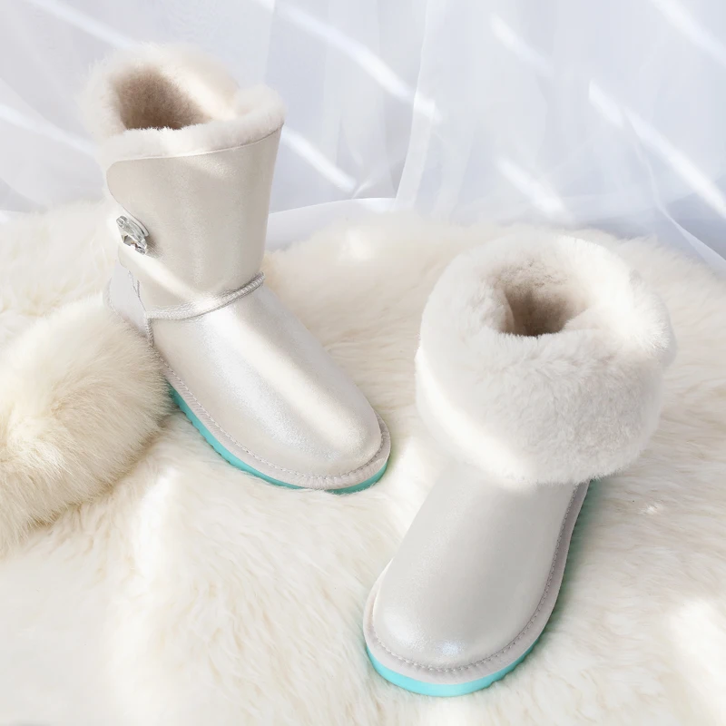 

G&Zaco Winter Australia Boots Women Genuine Sheepskin Leather Snow Boots Natural Wool Boots Mid-Calf Button Warm Flat Shoes